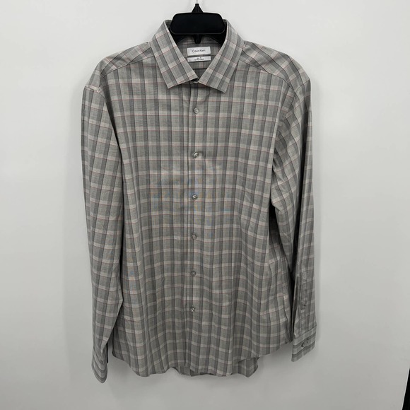 Calvin Klein Other - Calvin Klein Men's Gray Plaid Long Sleeve Slim Fit 4 Way Stretch Shirt Size L